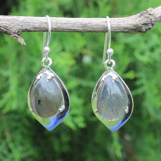 925 SOLID STERLING SILVER NATURAL LABRADORITE GEMSTONE HOOK EARRING