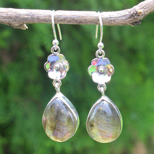 925 SOLID STERLING SILVER NATURAL LABRADORITE GEMSTONE HOOK EARRING