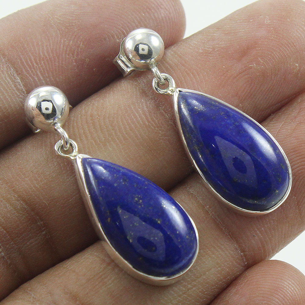 925 SOLID STERLING SILVER NATURAL LAPIS LAZULI GEMSTONE HOOP EARRING