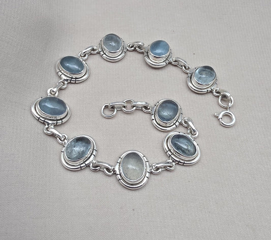 925 Sterling Silver Aqua Milky Gemstone Bracelet Natural Blue Cabochon Handmade Jewelry