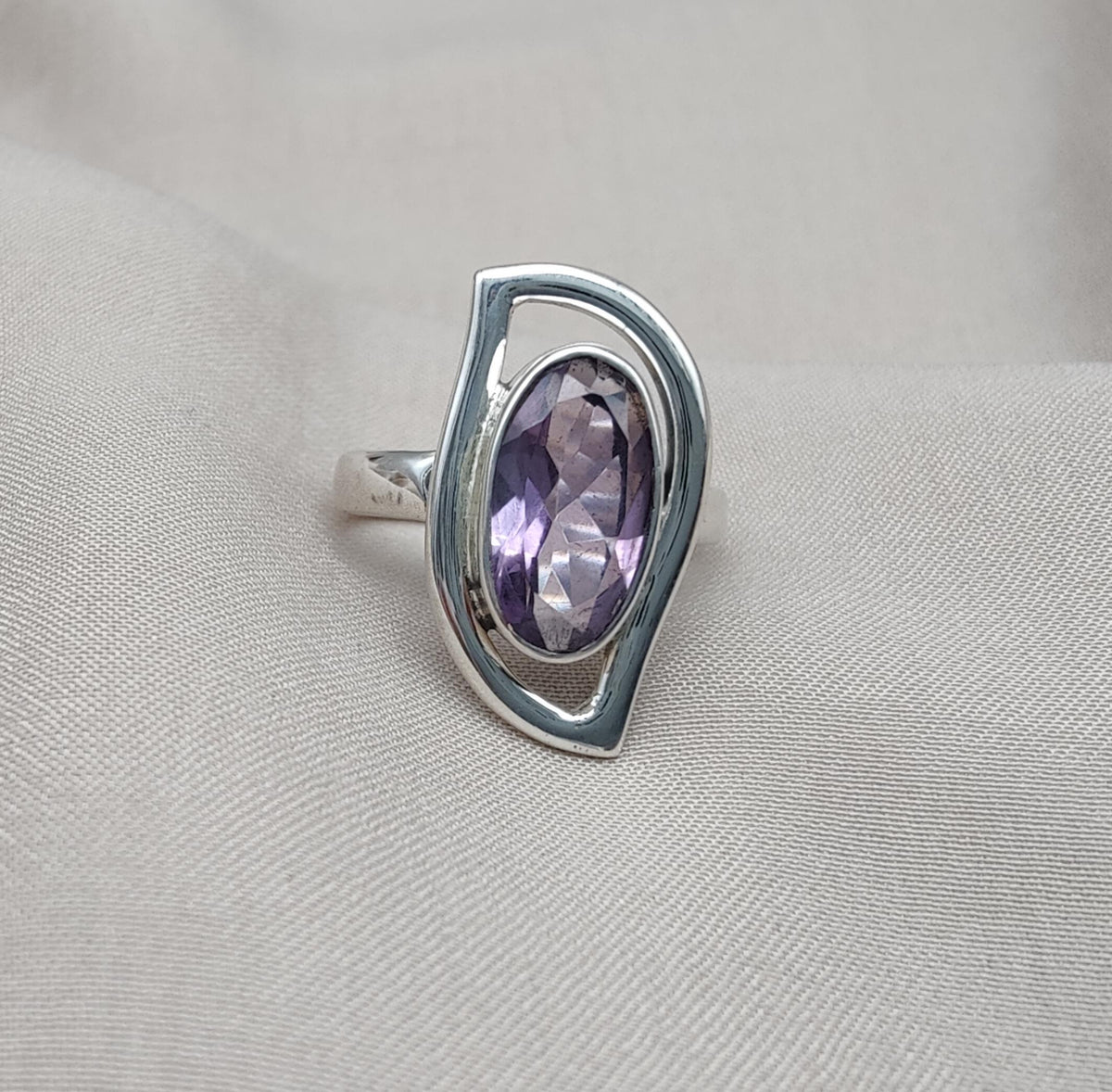Amethyst Sterling Silver Ring: Modern Abstract Design, February Birthstone