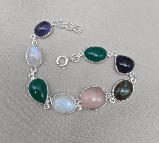 925 Sterling Silver Multi Gemstone Bracelet: Handmade Chakra Healing Crystal Jewelry