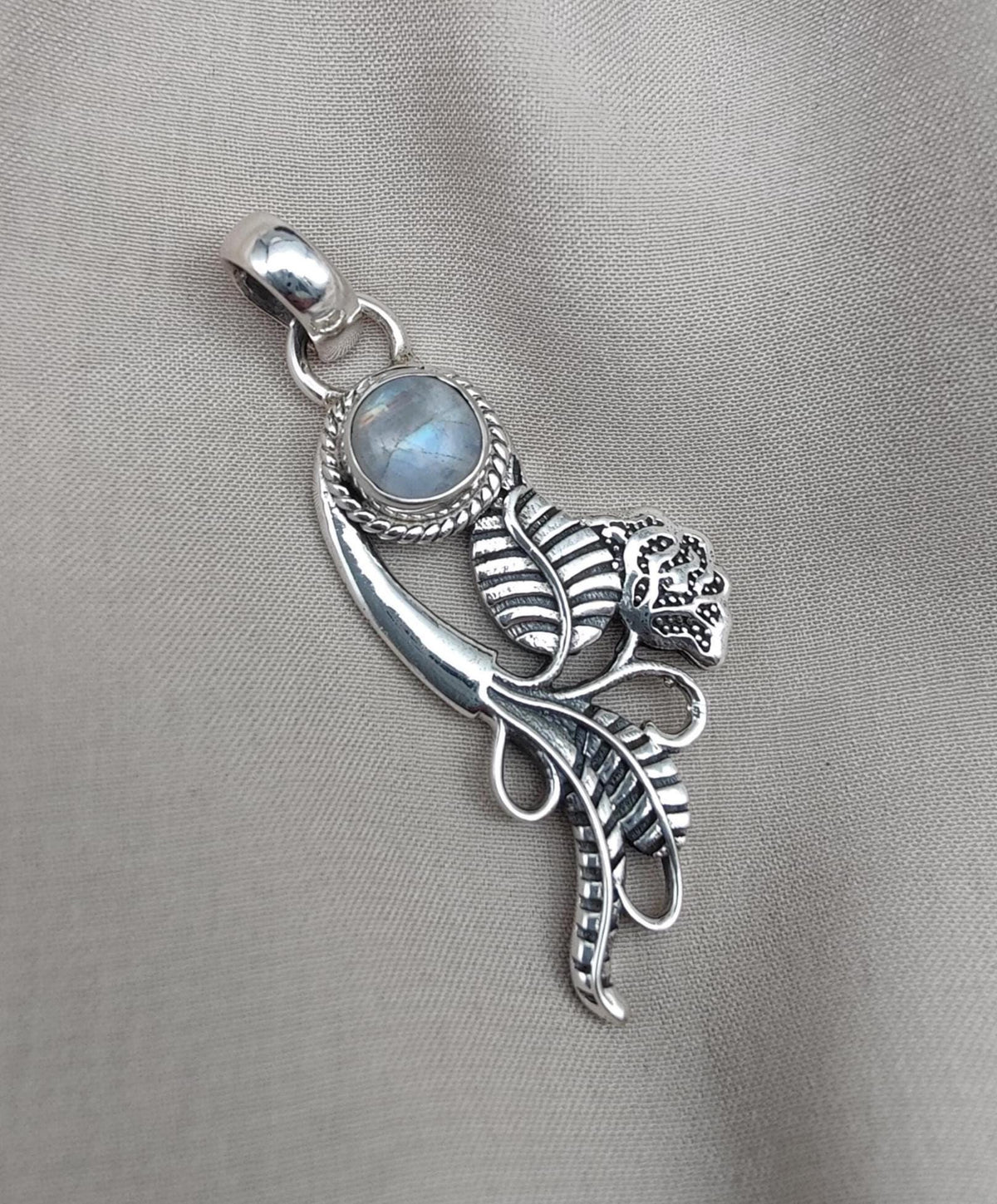 Rainbow Moonstone Silver Pendant: Artisan Floral Leaf Design, Boho Charm