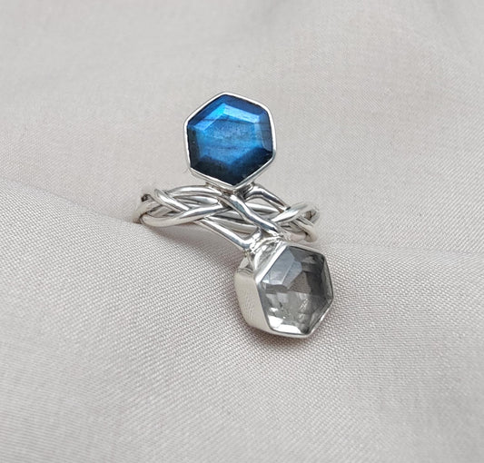 Labradorite & Green Amethyst 925 Sterling Silver Ring: Adjustable Double Stone