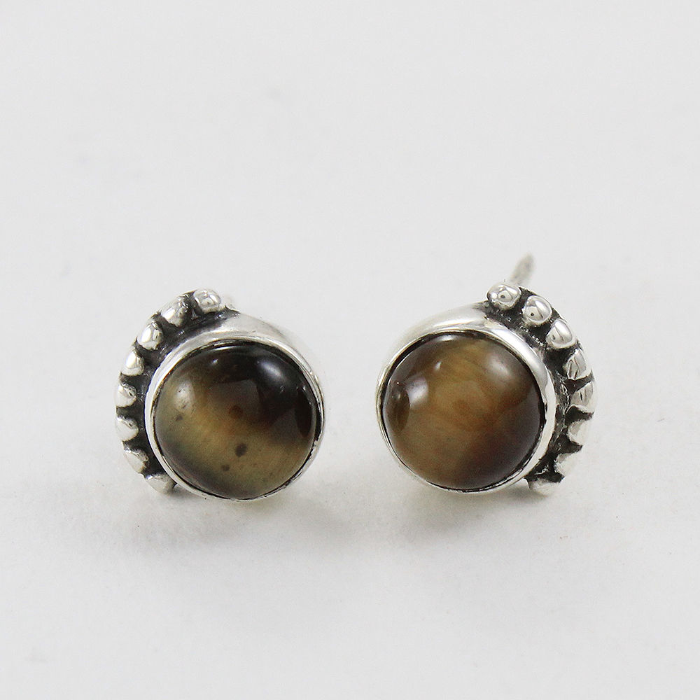 925 SOLID STERLING SILVER NATURAL TIGER EYE GEMSTONE STUD EARRING