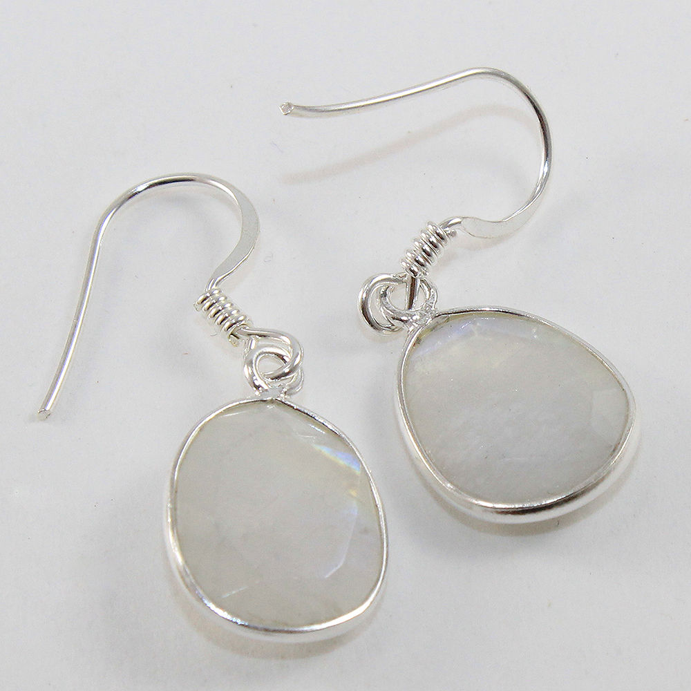 925 SOLID STERLING SILVER NATURAL RAINBOW MOONSTONE GEMSTONE HOOK EARRING