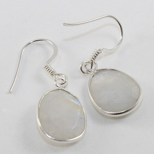 925 SOLID STERLING SILVER NATURAL RAINBOW MOONSTONE GEMSTONE HOOK EARRING
