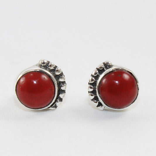 925 SOLID STERLING SILVER NATURAL RED CORAL GEMSTONE STUD EARRING