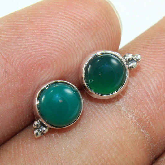 925 SOLID STERLING SILVER NATURAL GREEN ONYX GEMSTONE STUD EARRING