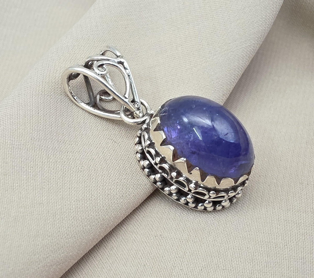 Natural Tanzanite Cabochon Pendant 925 Sterling Silver Handmade Blue Violet Gemstone Jewelry Gift