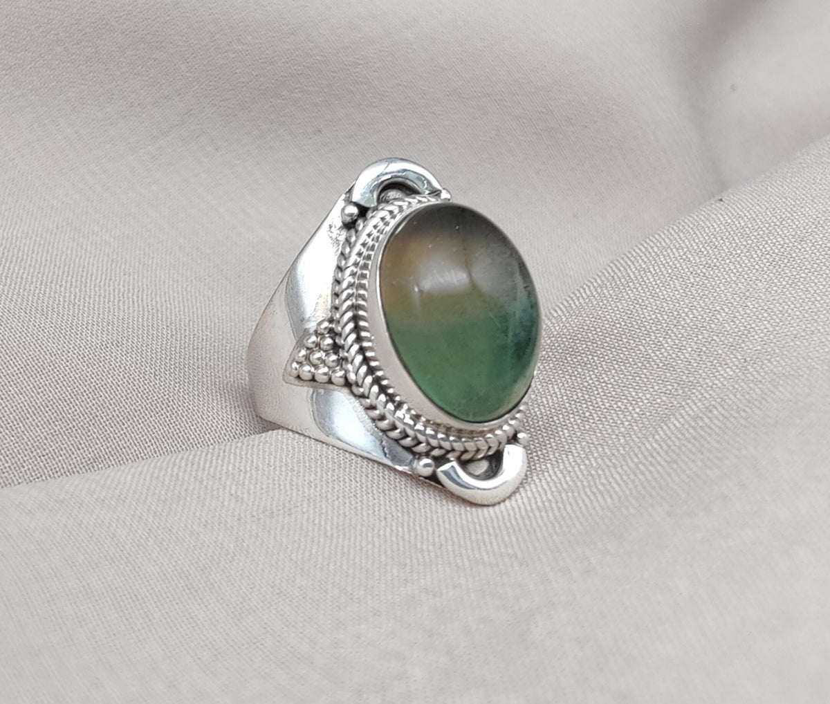 Fluorite Sterling Silver Ring: Green-Gold Crystal, Boho Healing Jewelry