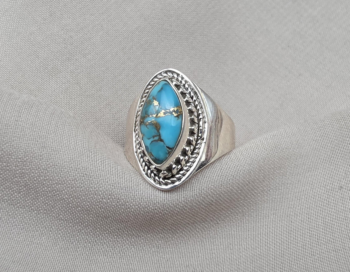 Blue Copper Turquoise Marquise Ring 925 Sterling Silver Statement Ring December Birthstone Gift