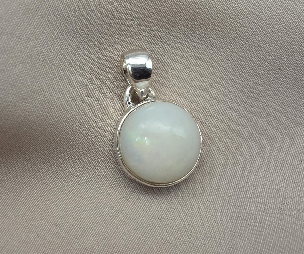 Natural White Opal Round Pendant 925 Sterling Silver Handmade Cabochon Gemstone Jewelry