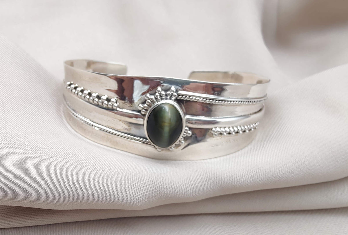 Cat's Eye Sterling Silver Cuff Bangle: Handmade Boho Jewelry