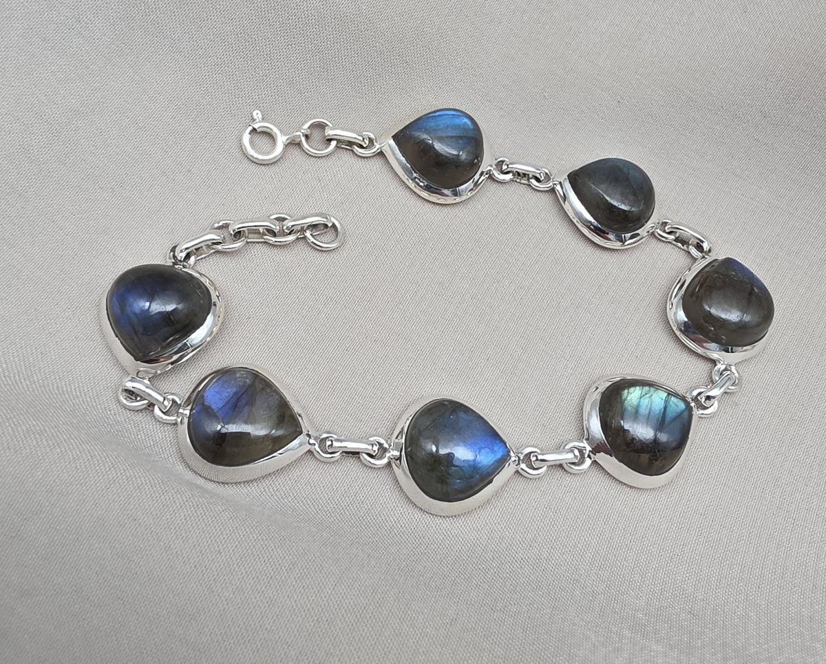 Natural Labradorite Bracelet 925 Sterling Silver, Blue Flash Labradorite Gemstone Jewelry Birthstone Gifts