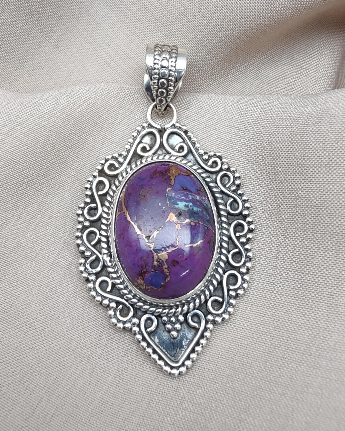 Purple Copper Turquoise Pendant: Sterling Silver Boho Healing Necklace