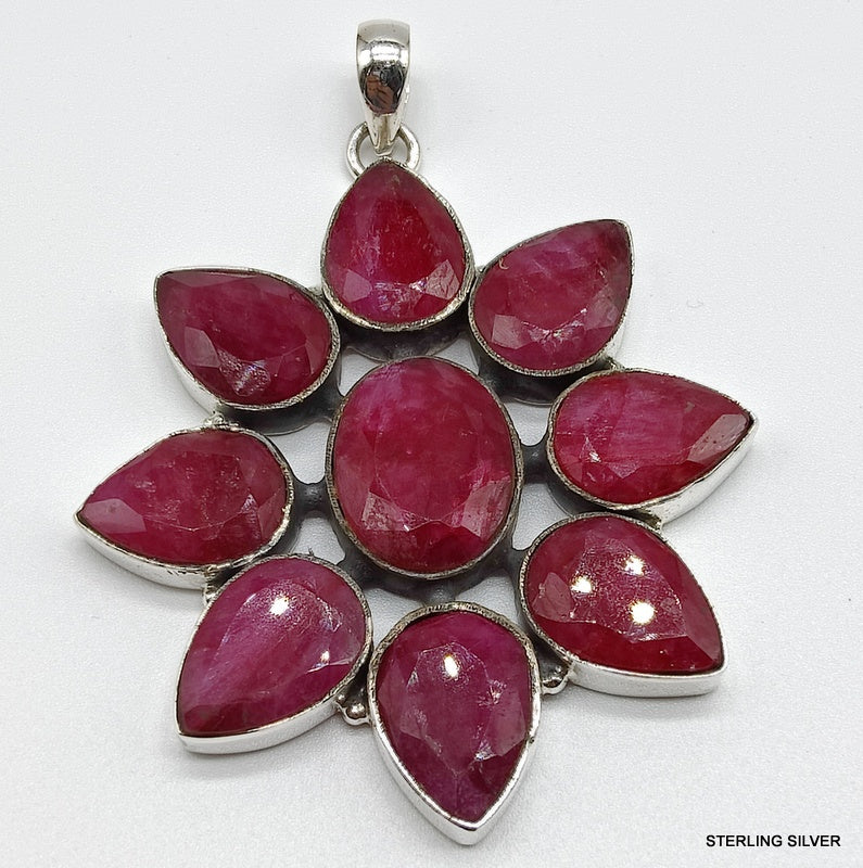 925 SOLID STERLING SILVER NATURAL RUBY FLOWER HANDMADE PENDANT