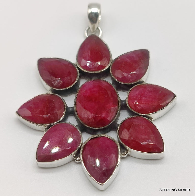 925 SOLID STERLING SILVER NATURAL RUBY FLOWER HANDMADE PENDANT