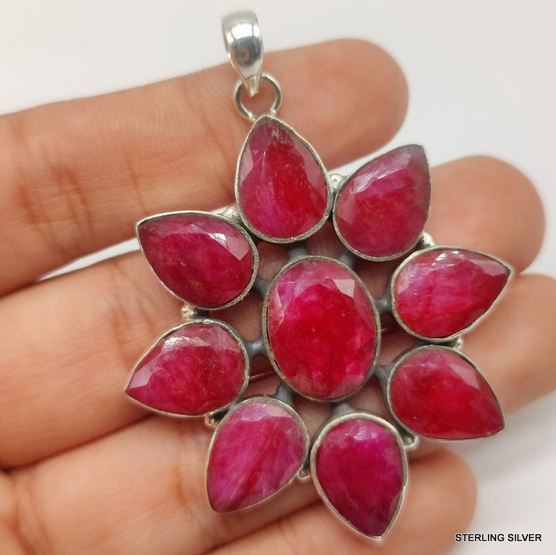 925 SOLID STERLING SILVER NATURAL RUBY FLOWER HANDMADE PENDANT