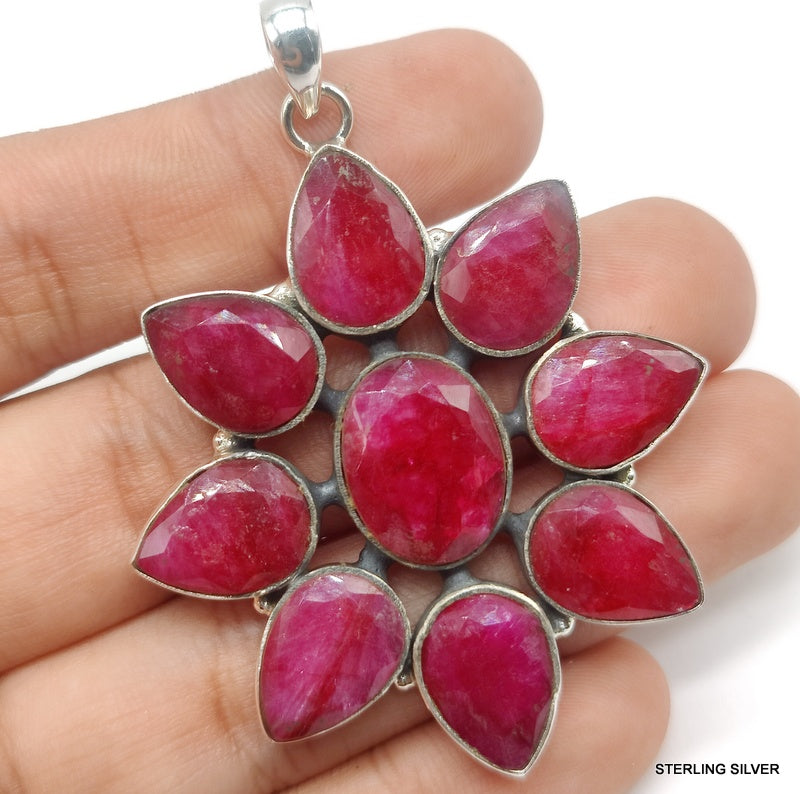 925 SOLID STERLING SILVER NATURAL RUBY FLOWER HANDMADE PENDANT