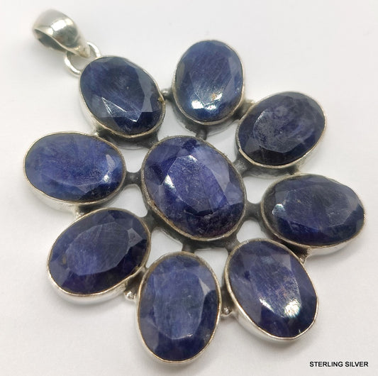 925 SOLID STERLING SILVER NATURAL SAPHIRE FLOWER HANDMADE PENDANT