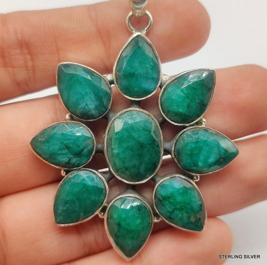 925 SOLID STERLING SILVER NATURAL EMERALD PEAR SHAPE FLOWER HANDMADE PENDANT