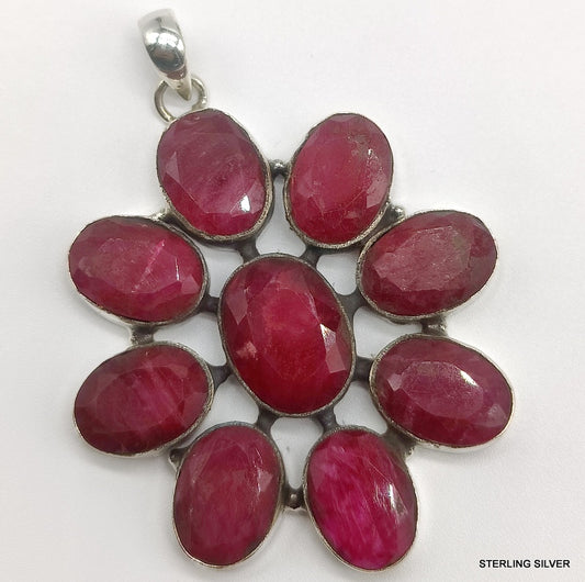 925 SOLID STERLING SILVER NATURAL RUBY OVAL SHAPE FLOWER HANDMADE PENDANT