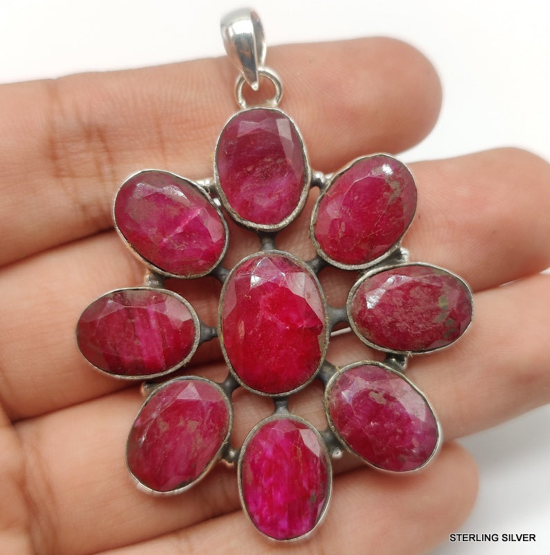 925 SOLID STERLING SILVER NATURAL RUBY OVAL SHAPE FLOWER HANDMADE PENDANT