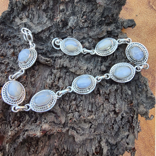 925 SOLID STERLING SILVER NATURAL BLUE LACE AGATE HANDMADE BRACELET,8 INCHES