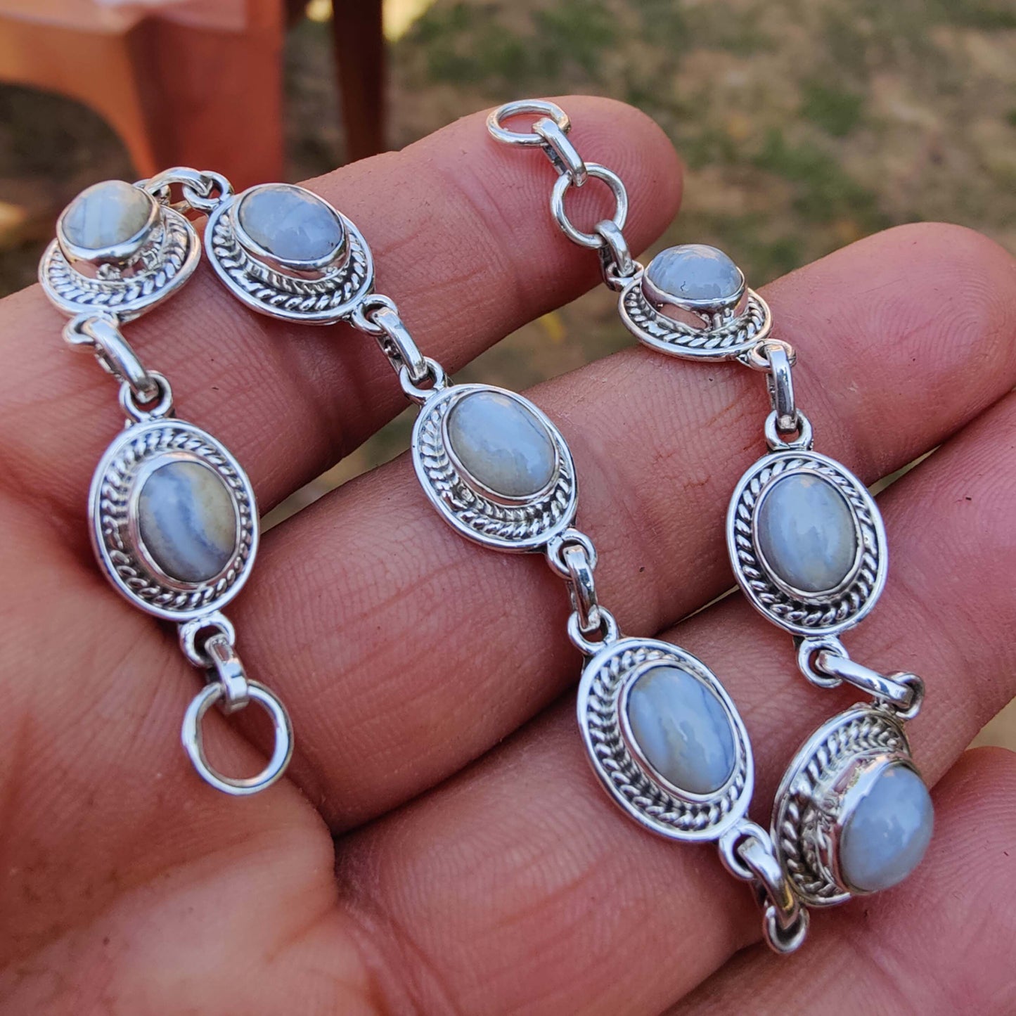 925 SOLID STERLING SILVER NATURAL BLUE LACE AGATE HANDMADE BRACELET,8 INCHES