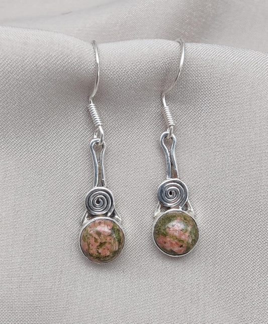 Unakite Dangle Earrings: 925 Sterling Silver, Boho Healing Stone