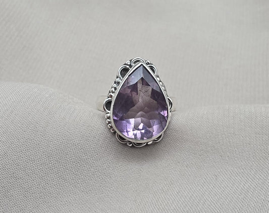925 Sterling Silver Amethyst Ring Pear Shape Purple Gemstone Statement Ring February Birthstone