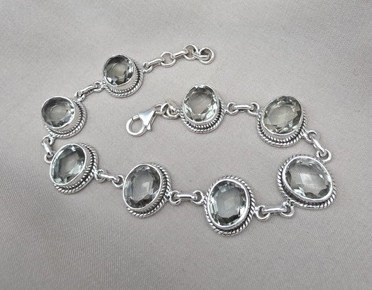 925 Sterling Silver Green Amethyst Bracelet Oval Prasiolite Gemstone Vintage Boho Bracelet for Women