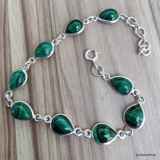 925 SOLID STERLING SILVER NATURAL MALACHITE HANDMADE BRACELET,8 INCHES