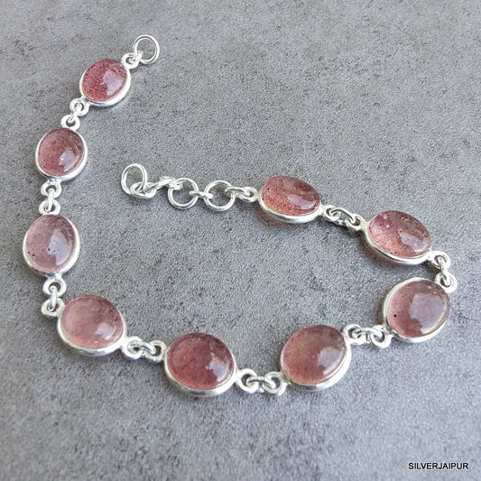 925 SOLID STERLING SILVER NATURAL STRAWBERRY QUARTZ HANDMADE BRACELET,8 INCHES