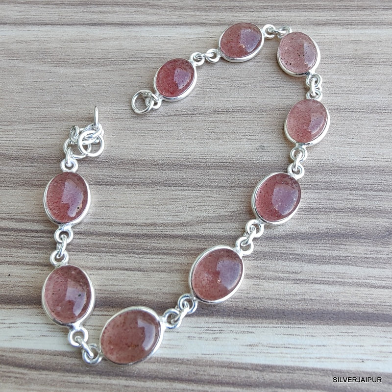 925 SOLID STERLING SILVER NATURAL STRAWBERRY QUARTZ HANDMADE BRACELET,8 INCHES