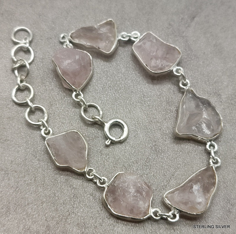 925 SOLID STERLING SILVER NATURAL ROSE QUARTZ ROUGH STONE HANDMADE BRACELET,8 INCHES