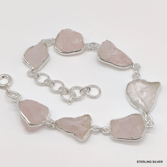 925 SOLID STERLING SILVER NATURAL ROSE QUARTZ ROUGH STONE HANDMADE BRACELET,8 INCHES