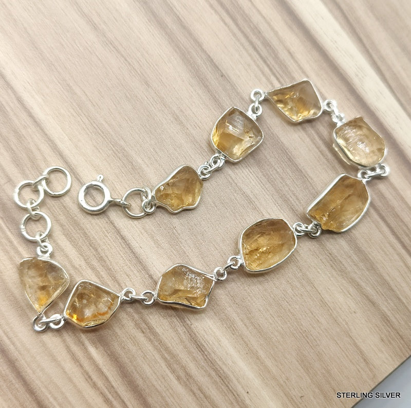925 SOLID STERLING SILVER NATURAL CITRINE ROUGH STONE HANDMADE BRACELET,8 INCHES