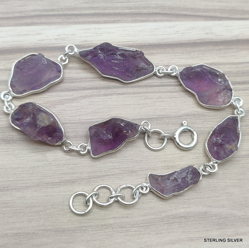 925 SOLID STERLING SILVER NATURAL AMETHYST ROUGH STONE HANDMADE BRACELET,8 INCHES
