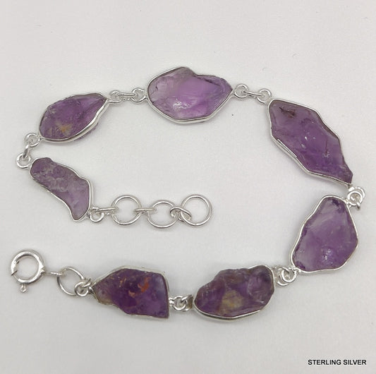 925 SOLID STERLING SILVER NATURAL AMETHYST ROUGH STONE HANDMADE BRACELET,8 INCHES