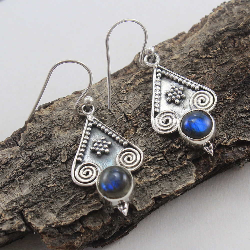 925 SOLID STERLING SILVER NATURAL LABRADORITE GEMSTONE HOOK EARRING