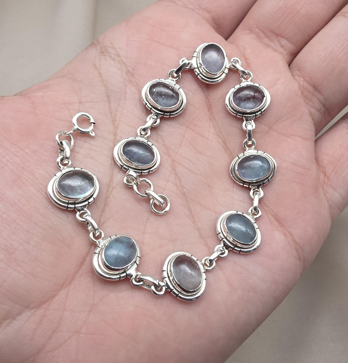 925 Sterling Silver Aqua Milky Gemstone Bracelet Natural Blue Cabochon Handmade Jewelry