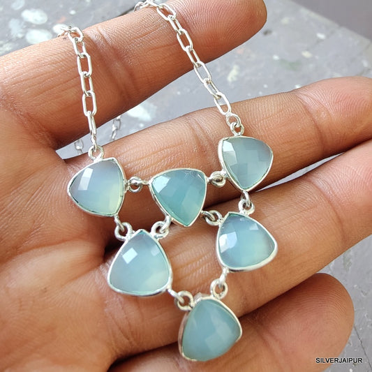 925 SOLID STERLING SILVER NATURAL BLUE CHALCEDONY HANDMADE NECKLACE,18 INCHES