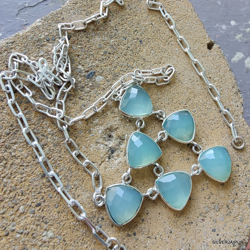 925 SOLID STERLING SILVER NATURAL BLUE CHALCEDONY HANDMADE NECKLACE,18 INCHES