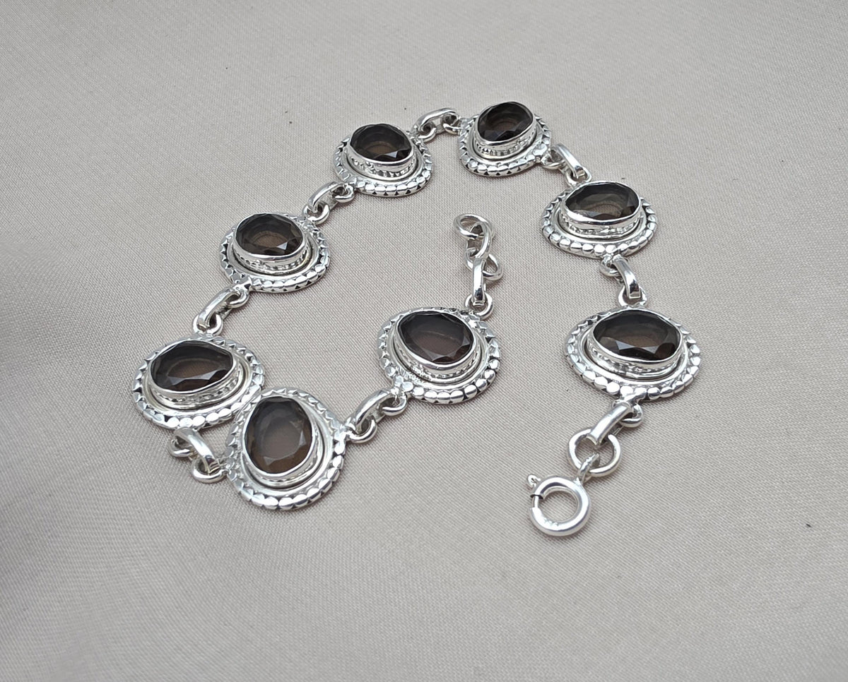 925 Sterling Silver Smoky Quartz Bracelet Natural Brown Oval Gemstone Handmade Jewelry