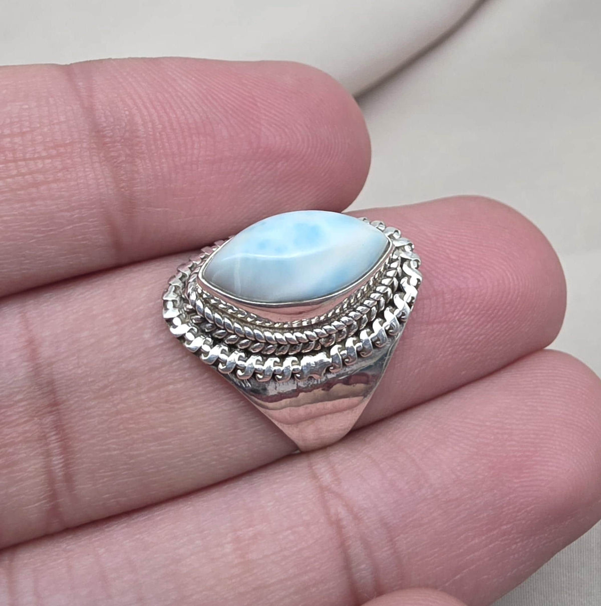 Natural Larimar Ring 925 Sterling Silver Larimar Marquise Cut Gemstone Boho Statement Jewelry
