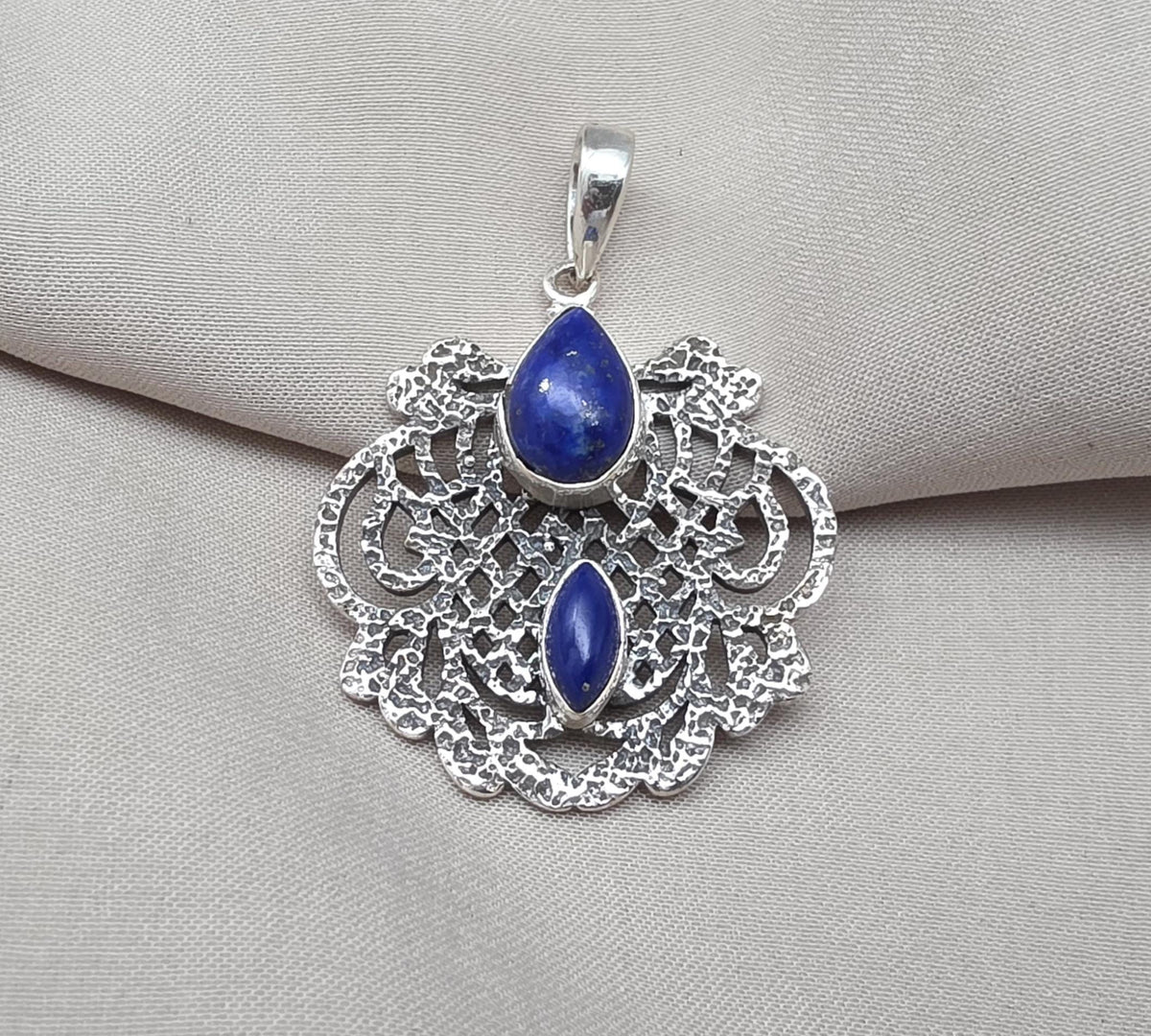 Lapis Lazuli Pendant: Handmade 925 Sterling Silver Filigree, Boho Vintage Necklace