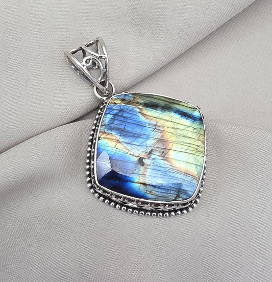 925 Sterling Silver Natural Multi Labradorite Pendant Cushion Shape Flashy Labradorite Handmade Gemstone Jewelry