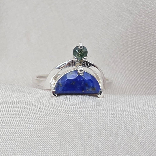Lapis Lazuli Ring 925 Sterling Silver Dual Stone Moss Agate Statement Ring
